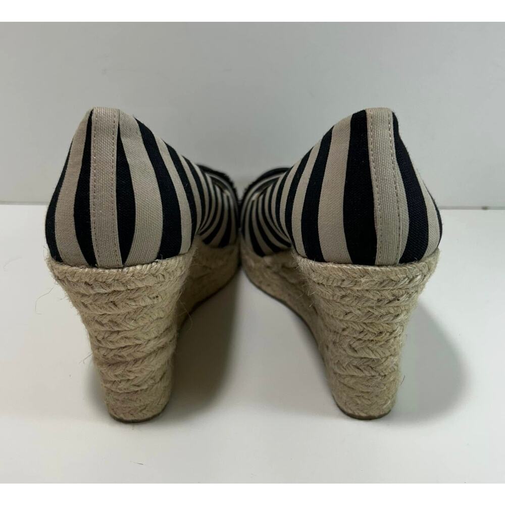 J. CREW Black Taupe Stripe Espadrille Closed Satin Toe Heel Wedge Shoes Womens 9 - Picture 4 of 7